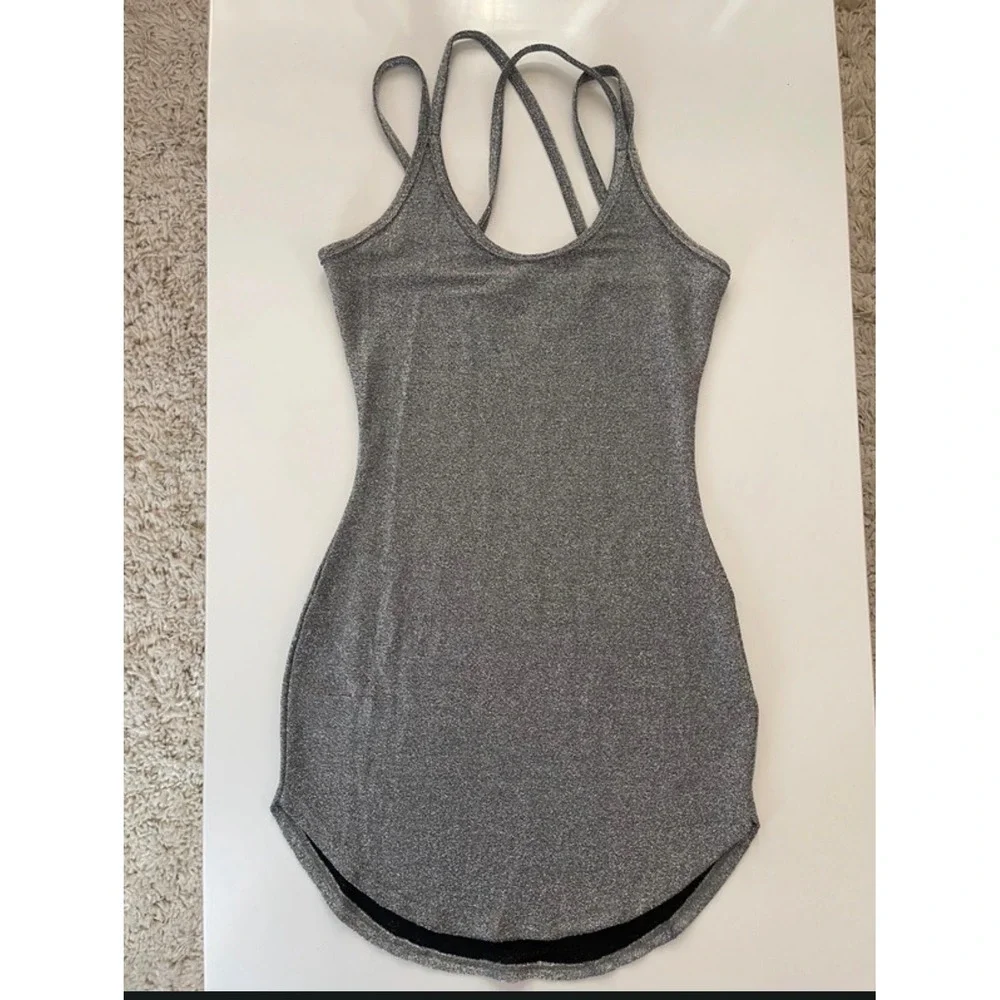 Set of 2 Metallic Shimmer Bodycon Mini Dresses Strappy Back Silver Black Womens